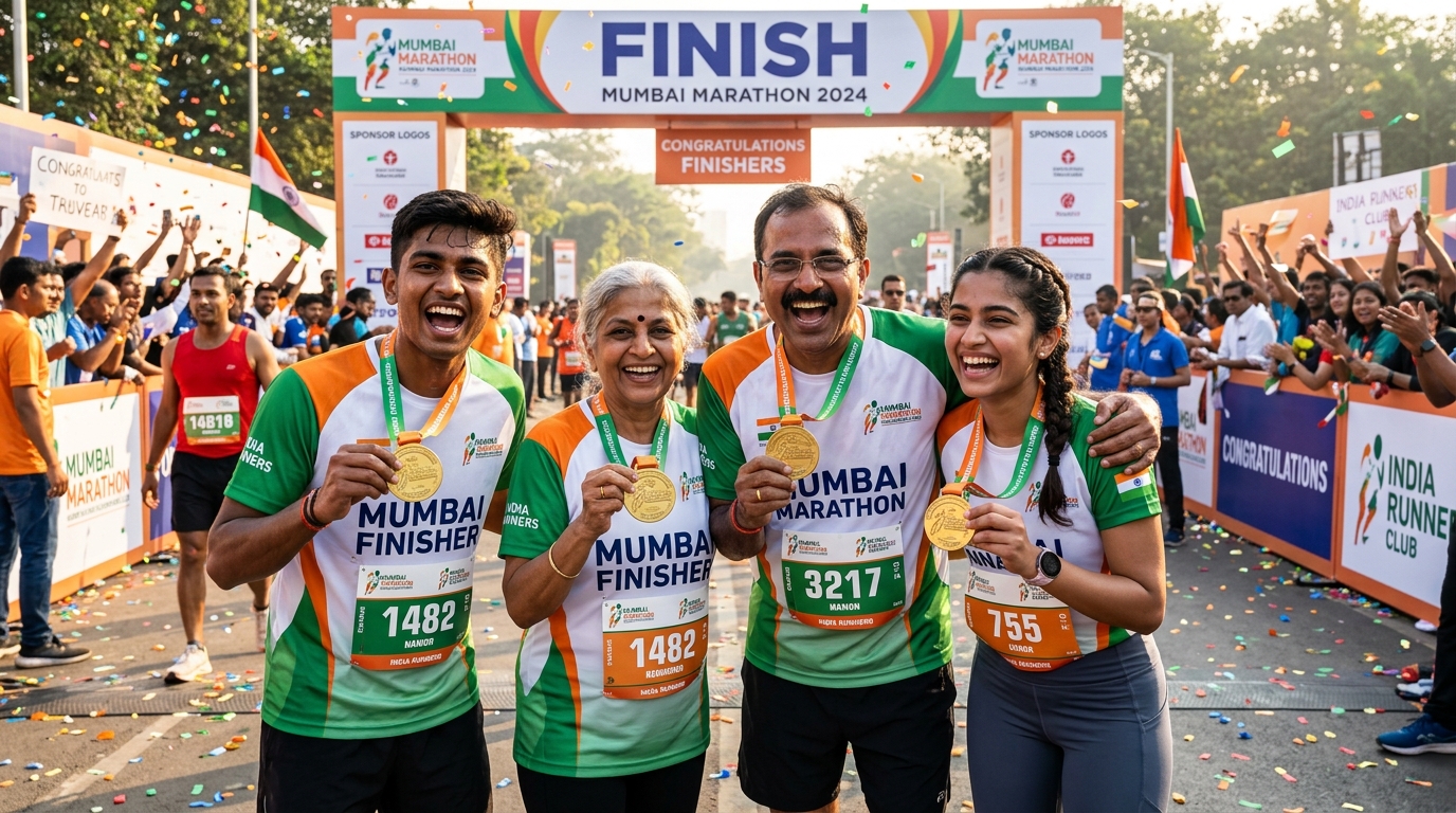 Celebration moment of runners at Noida Marathon finish line with medals